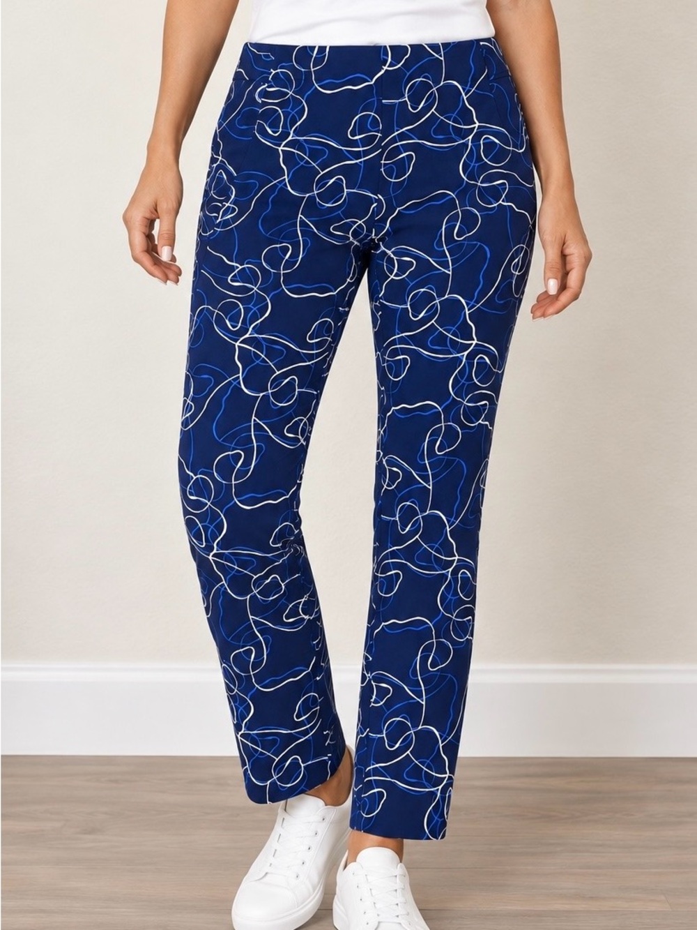 Lysse Women’s XL Abstract Print Pull-On Ankle Pants Navy Blue Cobalt White